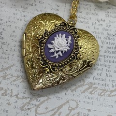 Gold Heart Locket Photo Birthday Anniversary Wedding Purple Rose Cameo Necklace