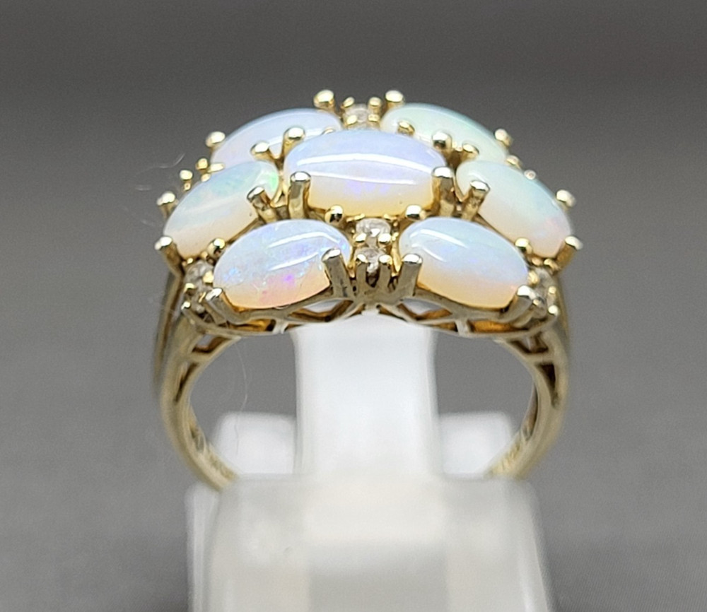 Womans Vintage Fire Opal Diamond Cluster Sterling Silver Cocktail Ring Size 5.5