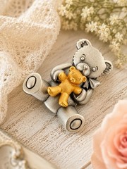 Vintage JJ Teddy Bear Brooch Silver Gold Tone Bear Holding Teddy Pin 2”