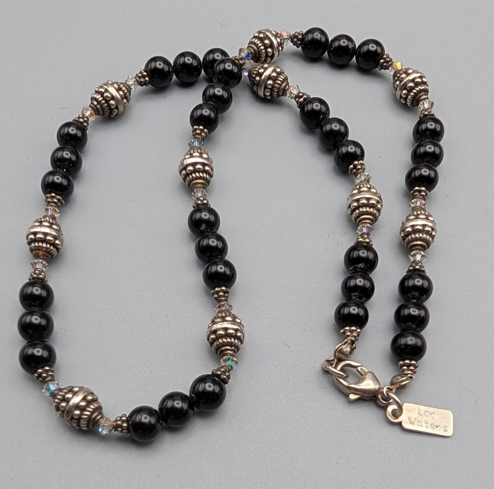 Lori Waters Black Onyx Bead Necklace Sterling Look Crystal Artisan 18″ Signed