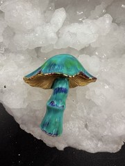 Vintage Enamel Mushroom Brooch Teal Blue Gold Tone Toadstool Pin Cottagecore