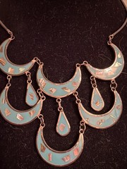 Vintage Alpaca Mexico Turquoise Inlay Statement Necklace 8”x4” Silver