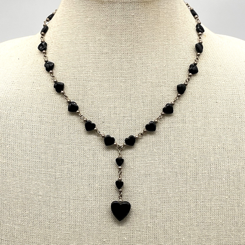 Vintage Heart Necklace Sterling Silver Black Heart Y Drop 17″