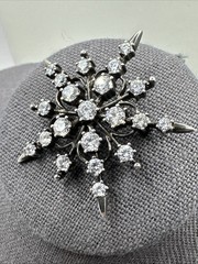 Sterling Silver 925 DQ CZ Cubic Zirconia Starburst Snowflake Brooch Pin 1.75”
