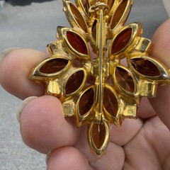 Vintage Brooch Marquise Amber Orange Brown Rhinestones 2.75 Inches