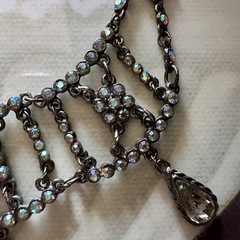 Vintage TARA Aurora Borealis Crystal Festoon Necklace Smoky Drops Gunmetal Chain