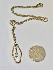 Antique 14kt Rolled Gold Pear Shaped Light Blue Art Glass Pendant Necklace