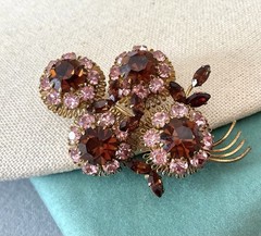 Austria Vintage Amber Pink Rhinestone Facet Brooch Wired 3D Layered Prong 3”