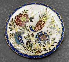 Vintage HUGE Cloisonné Enamel Brooch Birds Flowers Old Trombone Clasp