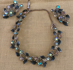1950-1960s Aurora Borealis glass rhinestone and enamel bracelet & clip earrings