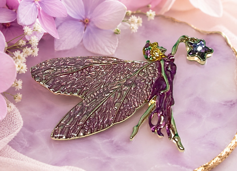 Signed Kirks Folly Fairy Brooch Purple Pink Astral Enamel Winged Fairy Star Wand