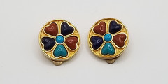 Vtg Signed MMA Faux Turquoise, Lapis & Coral? Heart Gold Tone Clip On Earrings