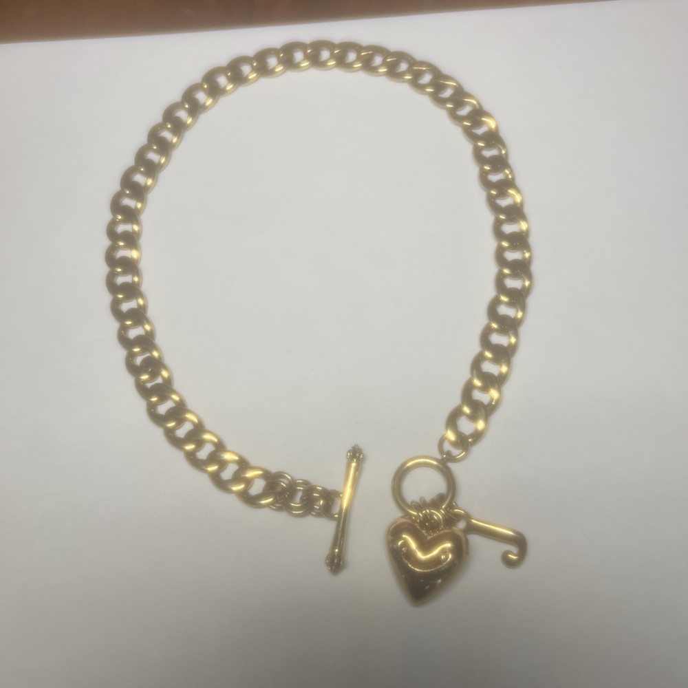 Vintage Juicy Couture Banner Puffy Heart Link Gold Tone Necklace