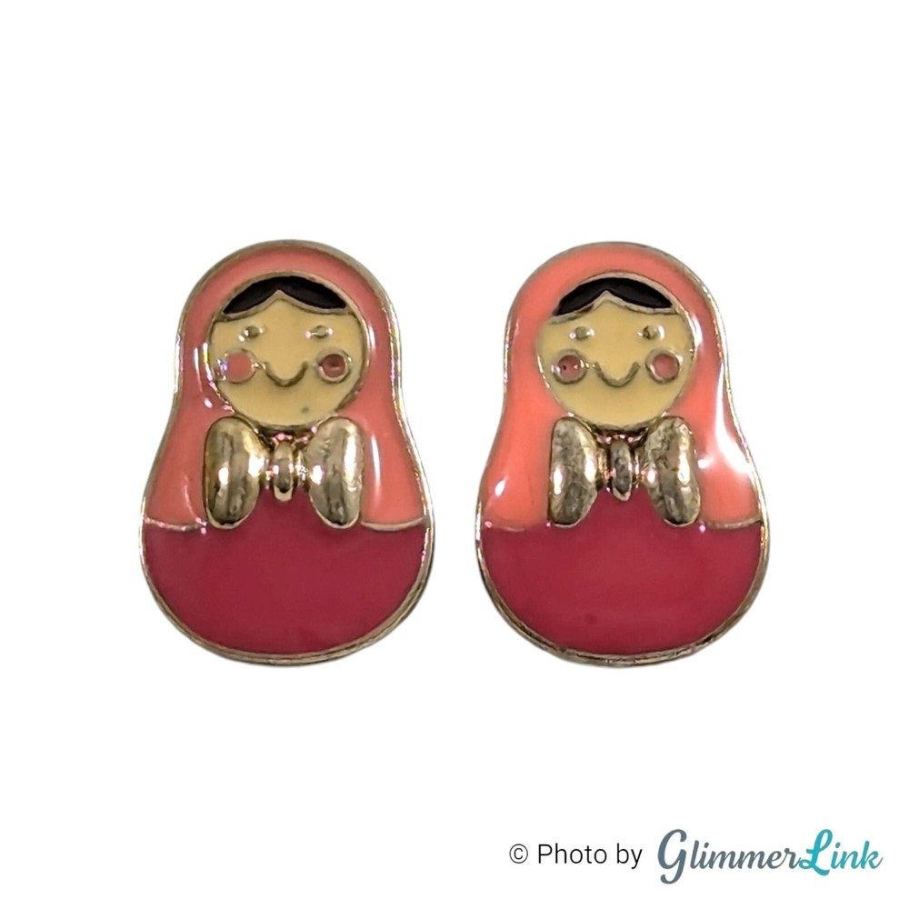 VTG Pink Matryoshka Russian Nesting Doll Enamel Gold Tone Stud Pierced Earrings