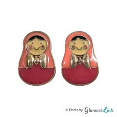 VTG Pink Matryoshka Russian Nesting Doll Enamel Gold Tone Stud Pierced Earrings