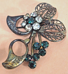 Art Deco Revival Brass Filigree Pin Open back Green Rhinestones Czech style
