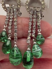 Vintage Signed Ciner Flawed Emerald Rhinestone Dangle Earrings One Dark Stone 2″