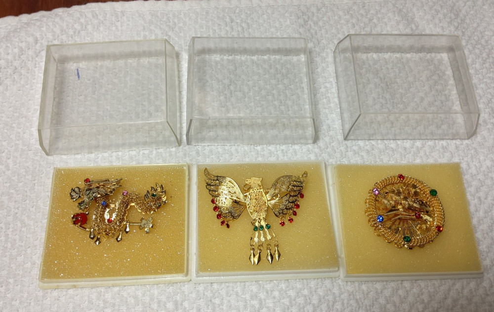 Vintage Dragon, Phoenix, & Filigree Brooch/Pendant Set Gold Tone 3D Asian Style