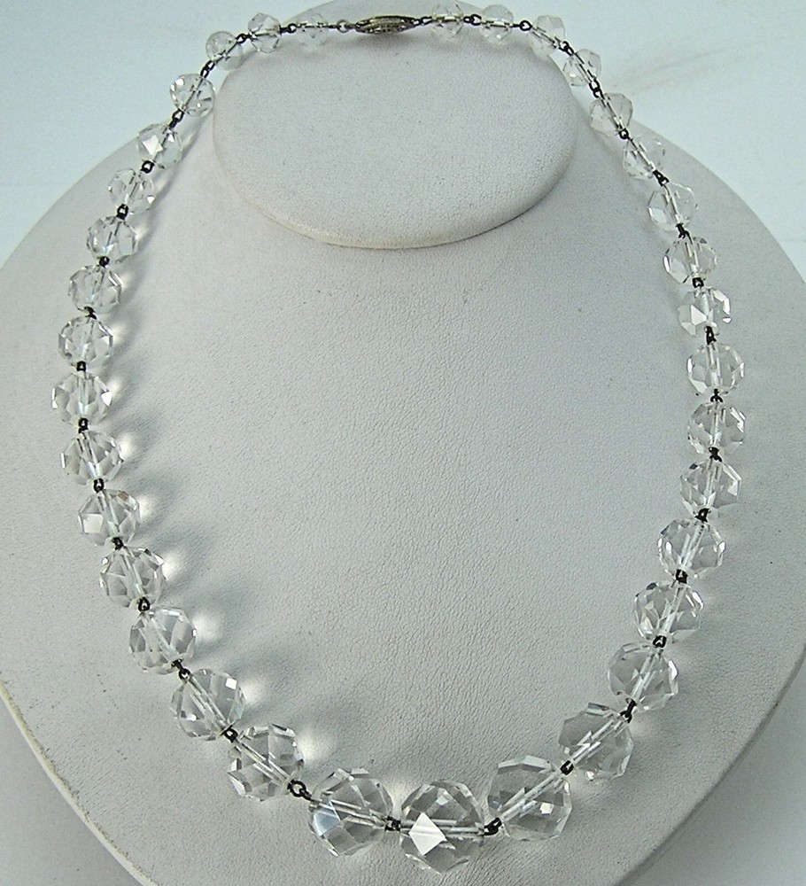 Gorgeous Vintage Deco Sterling Faceted Graduated Crystal Chain Link Necklace 18″