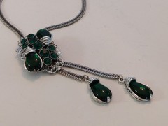 Selro Lariat Necklace Emerald Green Lucite Pendants Czech Glass Rhinestone 1960s