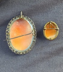 Vintage Cameo Brooch Pair Antique Style Estate Jewelry Filigree Amber Glow Lot