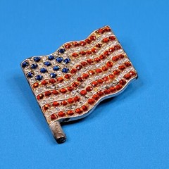Rhinestone 1.5″ Brooch Pin Flag American USA Red White Blue Silver Tone Vintage