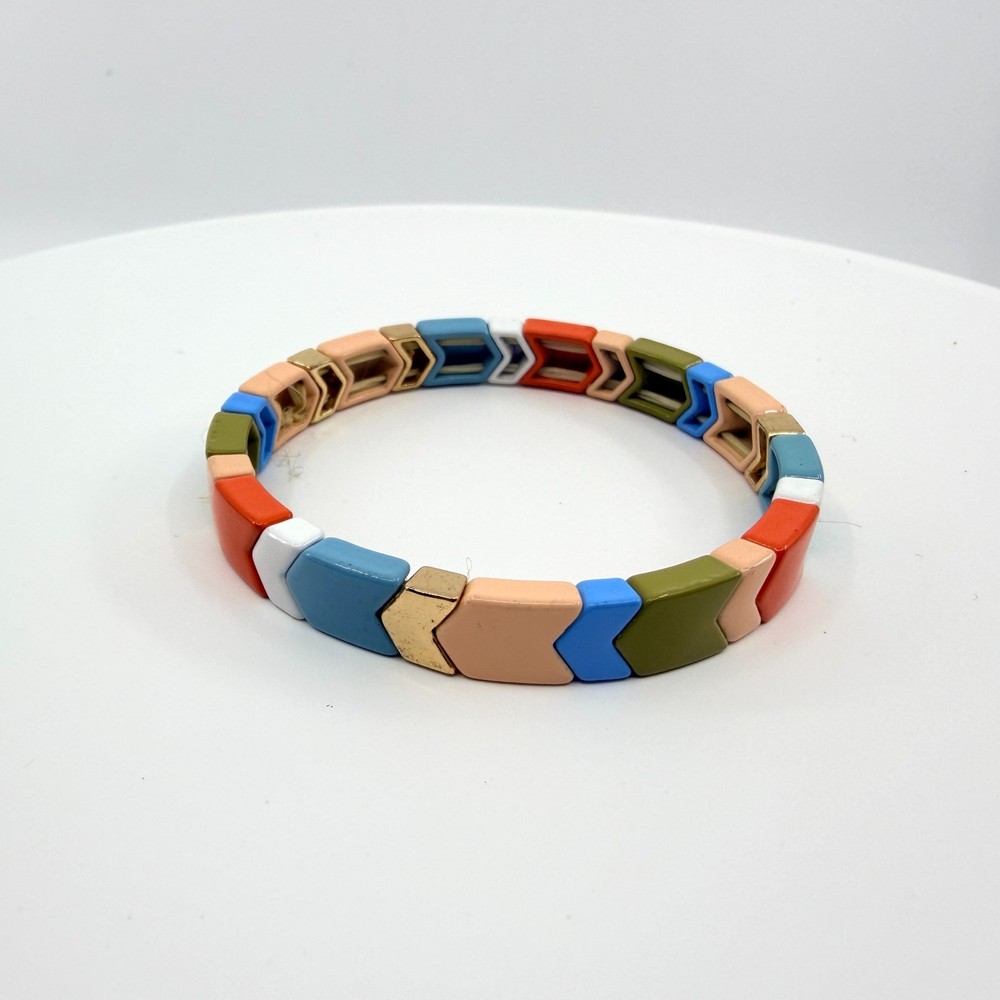 Vintage Multi Color Enamel Chevron Tile Stretch Bracelet Boho Tila Bead Y2K 90s