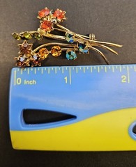 Vintage Austria Rhinestone Flower Spray Brooch Topaz Green Blue Gold Tone Signed