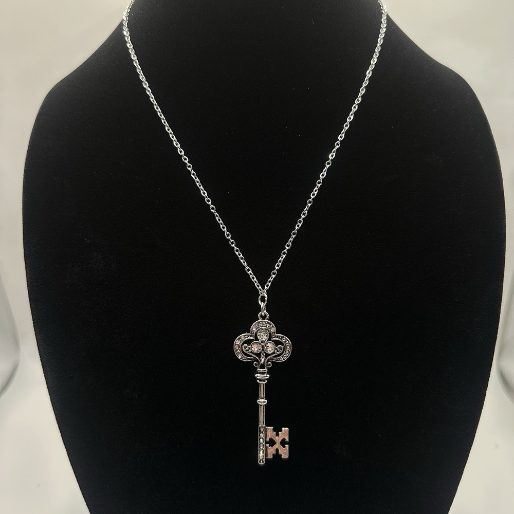 Vintage Style Silver Key Necklace with Rhinestones Handmade