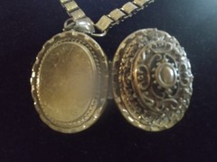 1930’s Brass Etruscan Revival Locket on Book Chain Very Ornate w/earrings