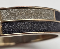 Black Silver Druzy Geometric Clamper Bracelet Gold Tone 7.5 In Hinged Vintage