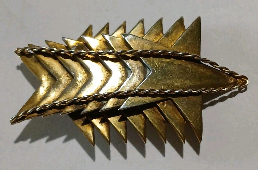 Vtg MCM Brutalist Gilt Sawtooth Brooch Pendant Architectural Gold Tone