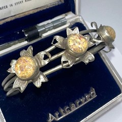 1940s vintage silver alloy floral art glass cabochons adjustable cuff bracelet