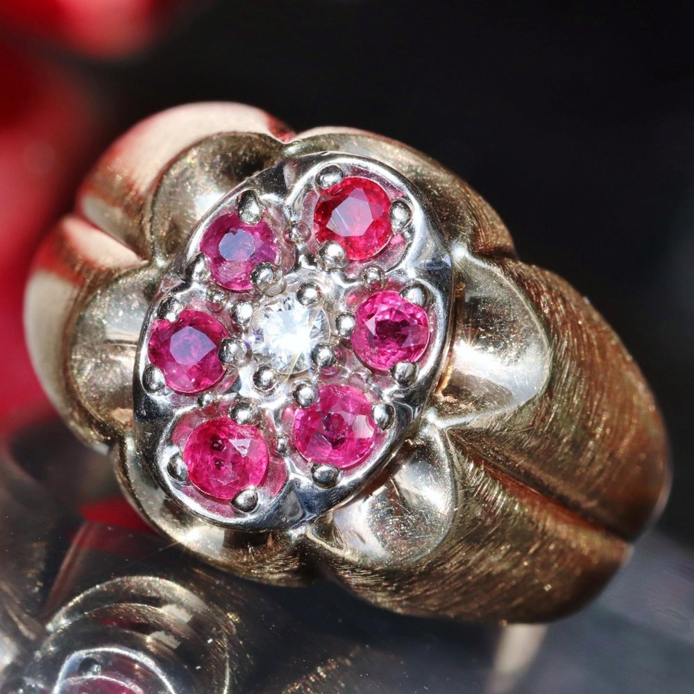 14k Yellow Gold 0.56ct Natural Diamond Sz 8 Ring Ruby Vintage Heated 6.37g N3078