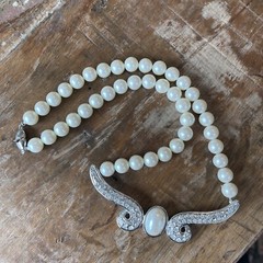 VTG Classic MONET Silver tone Necklace Choker faux pearl & rhinestones Wedding