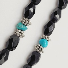 Southwestern Style Black Glass Faux Turquoise Beaded Fringe Vintage Necklace