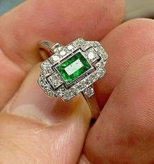 Art Deco Style Created Diamond & Emerald Engagement 14k White Gold Finish Ring