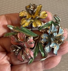 Vintage Pot Metal Enamel Orchid Flower Bouquet Brooch Pink Yellow Blue Green