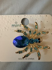 Aqua Rhinestone Gold Tone Spider Brooch
