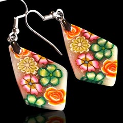 Vintage Groovy Polymer Clay Rhinestone Flower Floral Dangle Drop Hook Earrings