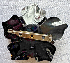 Vintage Black Enamel Flower Brooch Rhinestone Floral Statement Pin Costume Jewel