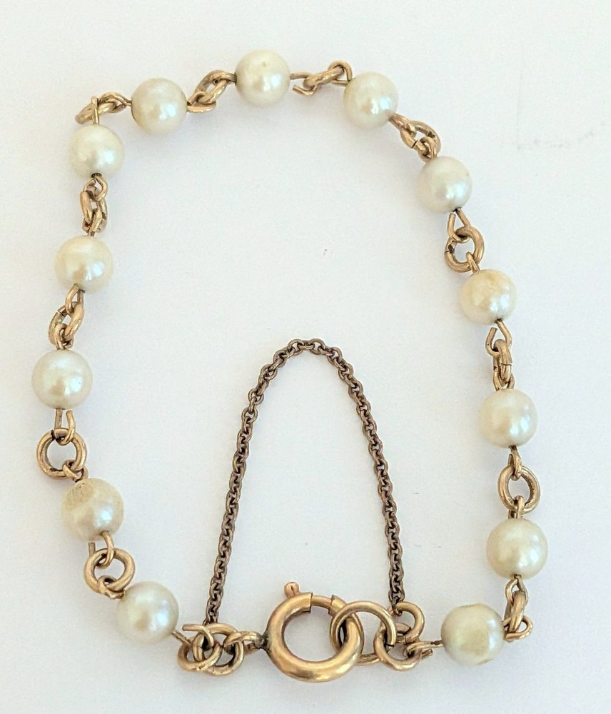 Vintage 12K GF Gold Filled Pearl Tennis Bracelet w/ Safety Chain
