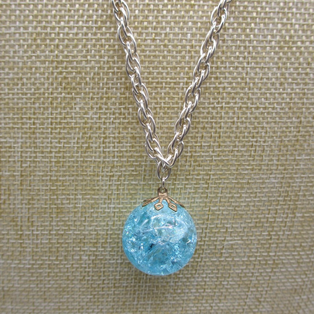 Vintage Germany Necklace Crackle Glass Blue Bead Pendant Gold Tone 24 Inch
