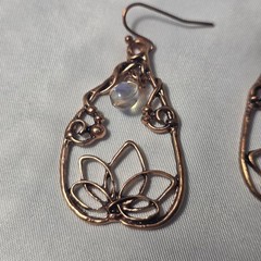 Copper Tone Lotus Teardrop Earrings Wire-Wrapped Designs Iridescent Crystal