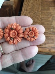 Antique Red / Orange Coral Color Czech Glass Pin / brooch carved chrysanthemum