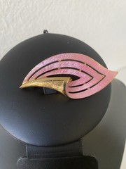 J.J. Jonette Jewelry Signed Enamel Flower Brooch Vintage Pink Gold Tone 2.5 in.