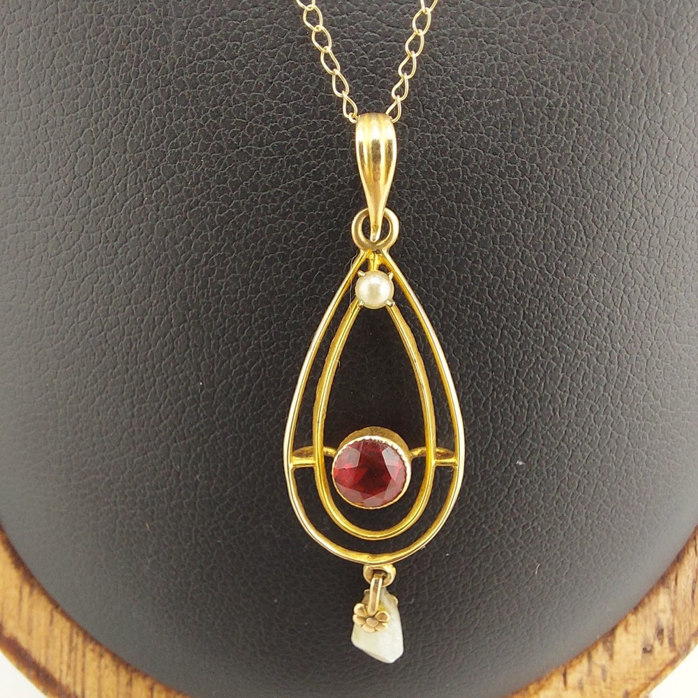Edwardian Style 10k Gold Lavalier Pendant with Red Stone and Seed Pearl In Box
