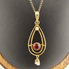 Edwardian Style 10k Gold Lavalier Pendant with Red Stone and Seed Pearl In Box