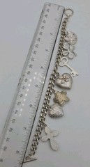 Vintage Silver Tone Chunky Charm Bracelet Heart Key Clover 8″ Cross Love Luck