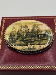 Vintage Russian ABA ’73 Hand-Painted Mother of Pearl Brooch Winter Scene Soviet